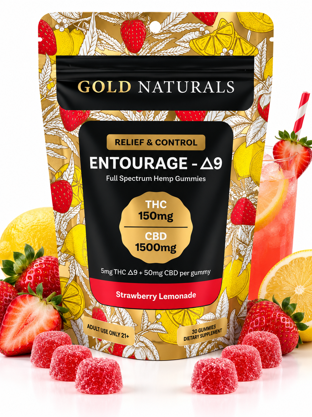 Gold Naturals Entourage gummies D9 Strawberry lemonade 30