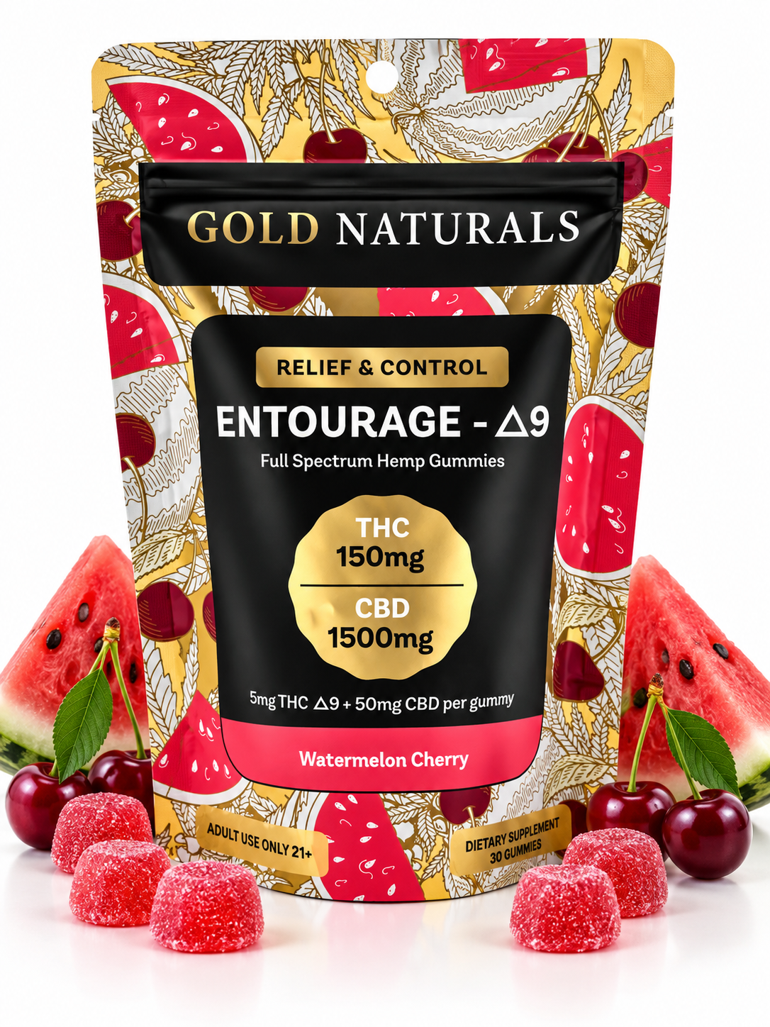 Gold Naturals D9 Gummies 30 count  Watermelon Cherry